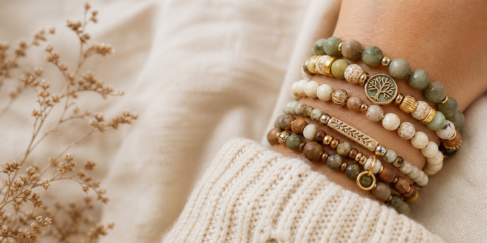 Bracelets de perles empilés sur un tissu de lin